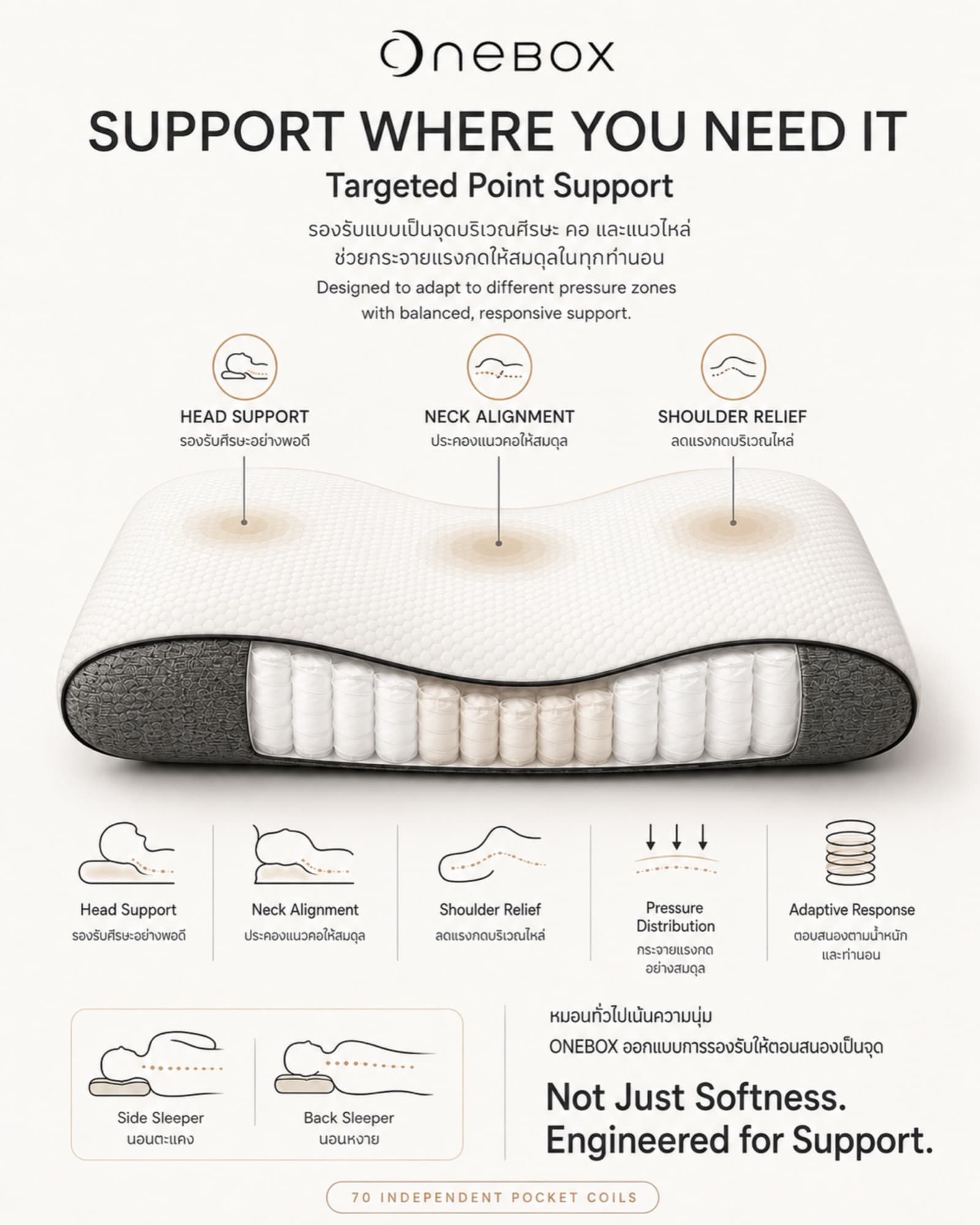 หมอน Onebox พร้อมจุดไฮไลต์แสดงตำแหน่งรองรับศีรษะ คอ และไหล่ Support Where You Need It